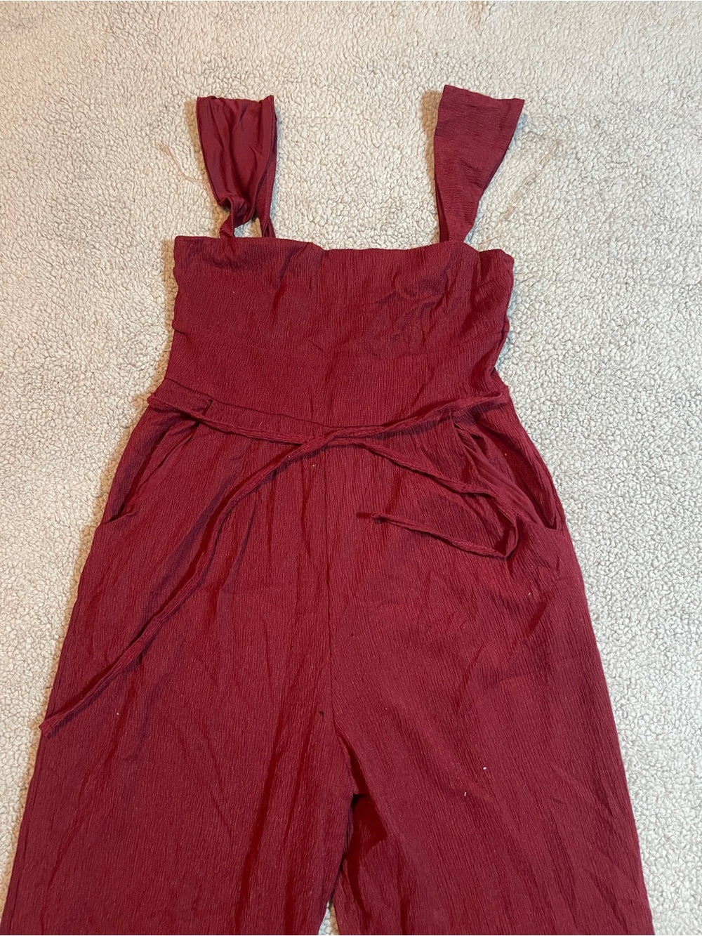 Trixxi burgundy jumpsuit with tie waist and pockets. Size S #jumpsuit #burgundy